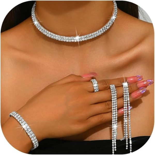 set-2 Silver Wedding Jewelry Sets for Brides Rhinestone Bridal